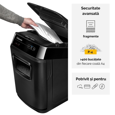 Distrugator documente automat, P4, 200 coli, cross cut, 32 litri, AutoMax 200C Fellowes