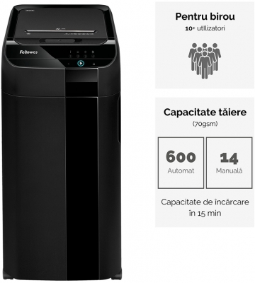 Distrugator documente automat, P5, 600 coli, micro cut, 83 litri, functionare continuu, AutoMax 600M Fellowes 