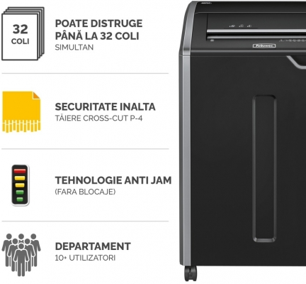 Distrugator documente manual, P4, 32 coli, cross cut, functionare continuu, Powershred 485Ci Fellowes