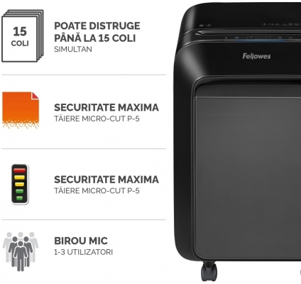 Distrugator documente manual, P5, 15 coli, micro cut, negru, LX211 Fellowes