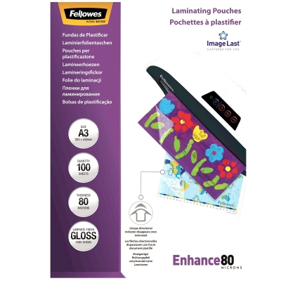 Folii laminare A3 lucioase 80 microni, Enhance, 100 buc/set, Fellowes