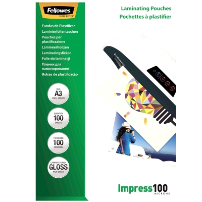 Folii laminare A3 lucioase 100 microni Impress, 100 buc/set, Fellowes