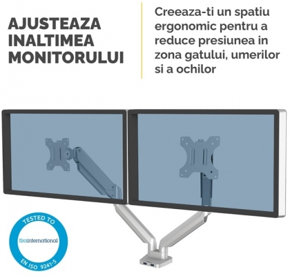 Brat pentru monitor dual individual, culoare argintiu, seria Platinum Fellowes