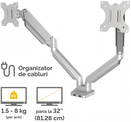 Brat pentru monitor dual individual, culoare argintiu, seria Platinum Fellowes