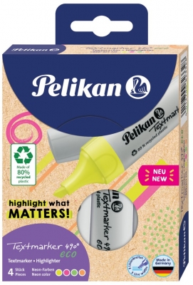 Textmarker 490 eco, set 4 culori neon, in cutie de carton, Pelikan