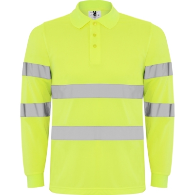 Tricou polo tehnic cu maneca lunga Hi-Vis Polaris L/S, pentru barbati, Galben Fluorescent, Roly