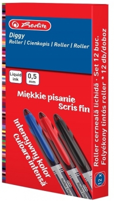 Roller liquid ink Diggy, mina 0,5 mm, negru, 12 buc/set, Herlitz