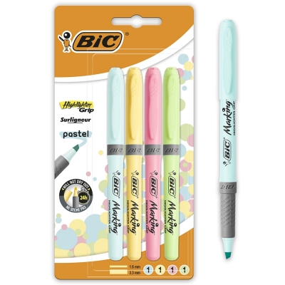 Evidentiatoare Highlighter Grip Pastel, varf tesit, mediu, diverse culori, 4 buc/set BIC