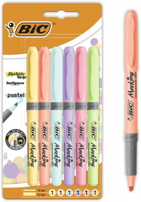 Evidentiatoare Highlighter Grip Pastel, varf tesit, mediu, diverse culori, 6 buc/set BIC