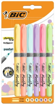 Evidentiatoare Highlighter Grip Pastel, varf tesit, mediu, diverse culori, 6 buc/set BIC