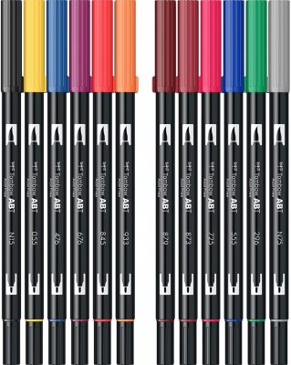 Marker caligrafic 2 in 1, ABT Dual Brush Pen, Primary Colours, 12 culori/set Tombow