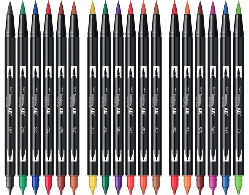 Marker caligrafic 2 in 1, ABT Dual Brush Pen, Primary Colours, 18 culori/set Tombow