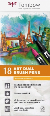 Marker caligrafic 2 in 1, ABT Dual Brush Pen, Secondary Colours, 18 culori/set Tombow