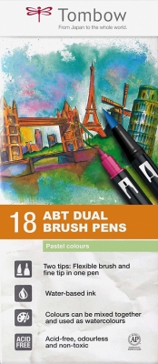 Marker caligrafic 2 in 1, ABT Dual Brush Pen, Pastel Colours, 18 culori/set Tombow