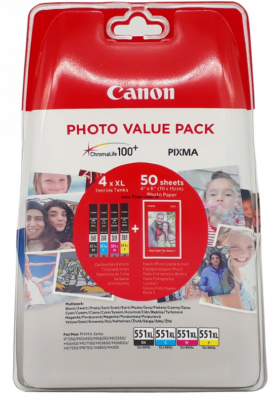 Set cartuse cerneala Canon B+C+M+Y cap. Original mare CLI-551XL + hartie foto 10x15 50coli