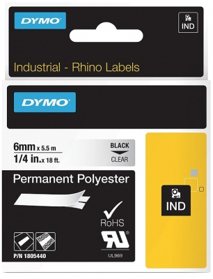 Banda ID1 polyester permanent 6 mm x 5.5 m negru-transparent Dymo