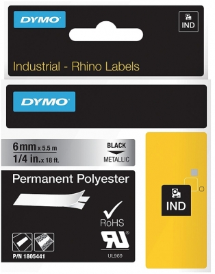 Banda ID1 polyester permanent 6 mm x 5.5 m negru-metalizat Dymo