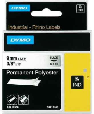 Banda ID1 polyester permanent 9 mm x 5.5 m negru-transparent Dymo