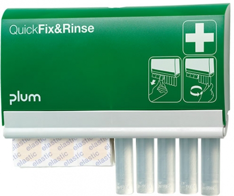 Dispenser QuickFix&Rinse, 45 x plasturi elastici, 5 x 20 ml, fiole solutie 0.9 clorur de sodiu, Plum