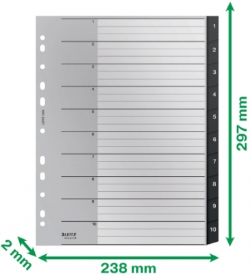 Index Leitz Recycle, PP, partial reciclat, reciclabil, A4 MAXI, 1-10, negru