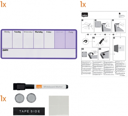 Organizator, saptamanal, magnetic, 140x36 cm, include marker si magneti, mov NOBO