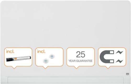 Tabla de sticla alb, Impression pro, 126x71 cm, magnetica, colturi rotunjite, include marker, tavita, magneti, Nobo