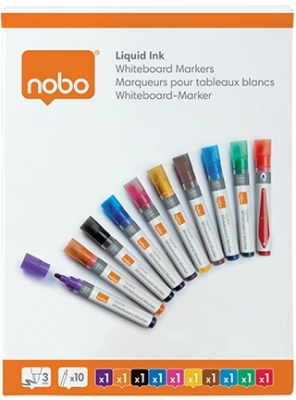 Marker pentru table si flipcharturi, cerneala lichida, varf rotund 3 mm, standard, 10 buc/cutie, diverse culori NOBO