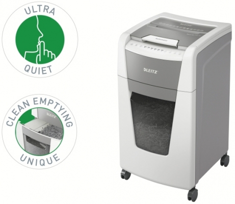 Distrugator documente automat IQ Office, P5, micro-cut, 300 coli, cos 60 L, alb-gri Leitz