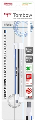 Radiera Mono Zero Blue/Black/White, tip creion, retractabila, cu varf patrat, Tombow