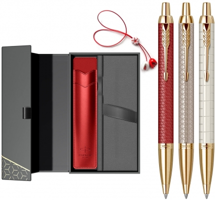 Set pix Parker IM Premium Red GT, Warm Silver GT sau Pearl GT, caseta cu Etui rosu si Martisor