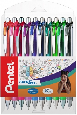 Roller cu gel EnerGel, 0.7 mm, cu mecanism, 10 culori/set Pentel 