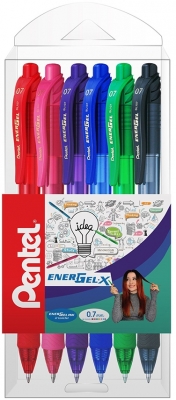 Roller cu gel EnerGel X, 0.7 mm, cu mecanism, 6 culori/set Pentel