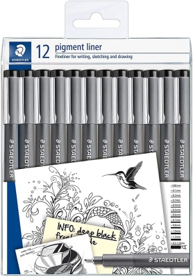 Set Fineliner Pigment, 12 grosimi de scriere, negru, 12 buc/set Staedtler