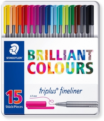 Fineliner Triplus 334, cutie metalica, 15 culori/set Staedtler