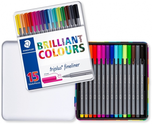 Fineliner Triplus 334, cutie metalica, 15 culori/set Staedtler