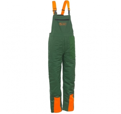 Pantaloni cu pieptar cu protectie impotriva ferastraului cu lant, marime: XL, Verde / Portocaliu, Rock Safety WOODCUTTER