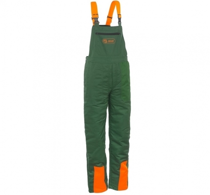 Pantaloni cu pieptar cu protectie impotriva ferastraului cu lant, marime: 2XL, Verde / Portocaliu, Rock Safety WOODCUTTER