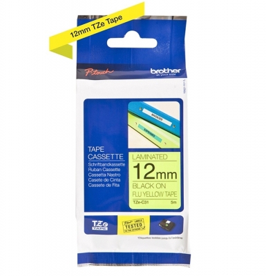 Banda de etichete P-touch TZe 12 mm x 5 m negru pe galben fluorescent Brother