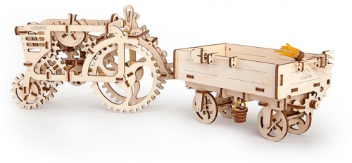 Puzzle 3D, lemn, mecanic Remorca Tractor, 68 piese, Ugears 