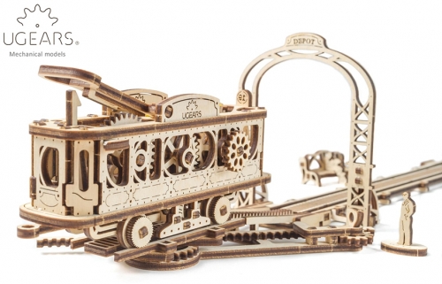 Puzzle 3D, lemn, mecanic Tramvai cu statie, 284 piese, Ugears