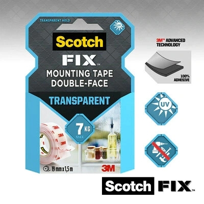 Banda dublu adeziva transparenta pentru montare,19 mm x 5 m, Scotch-Fix 3M