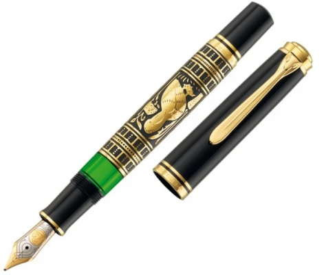 Stilou Toledo M900 EF, penita aur 18k, gravat manual, accesorii placate cu aur, negru-auriu, Pelikan 