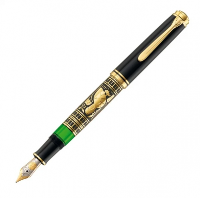 Stilou Toledo M900 EF, penita aur 18k, gravat manual, accesorii placate cu aur, negru-auriu, Pelikan 